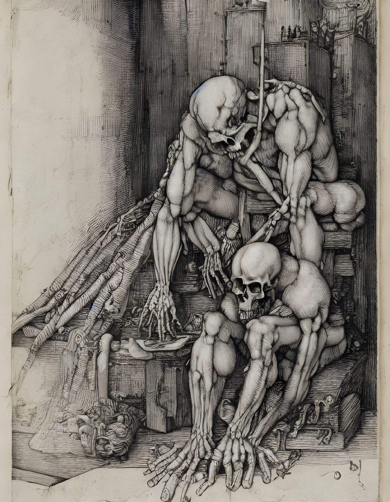 Detailed Monochrome Drawing of Human Skeletons Entwined Around Wooden Structures