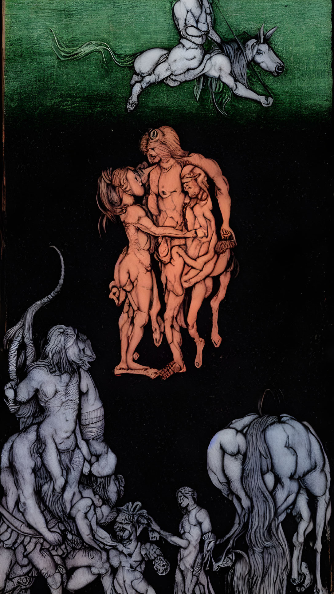 Illustration of darkly colored centaurs and mythical beings in dynamic scene