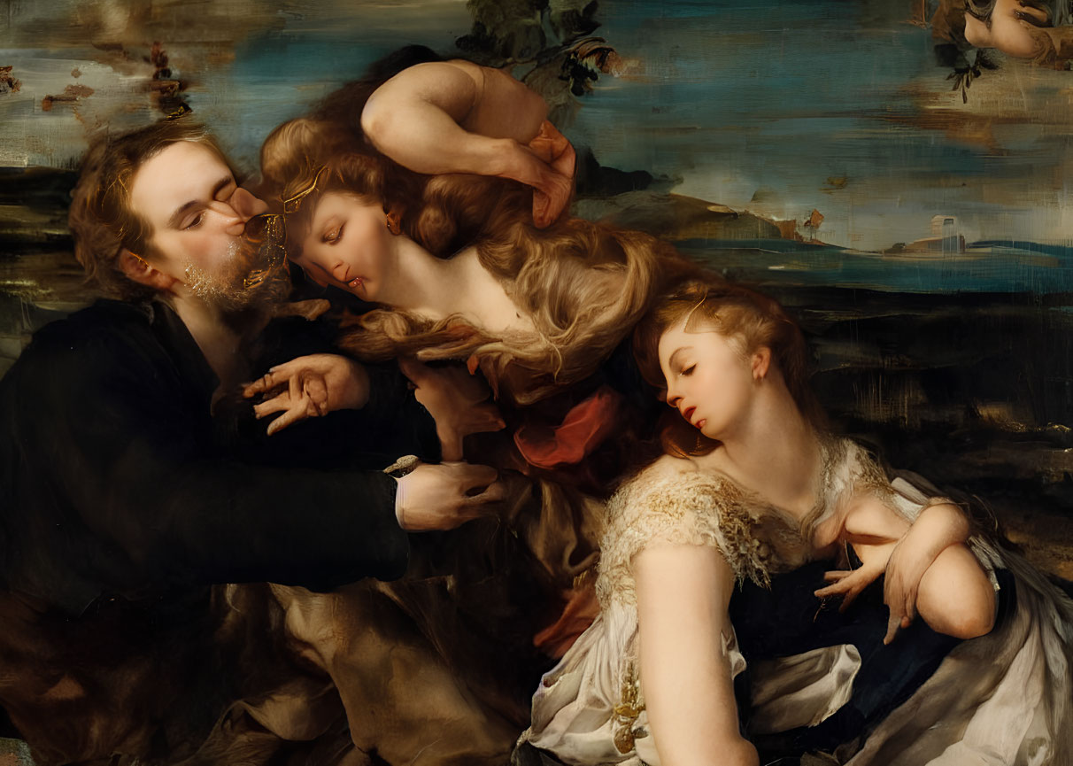 Classical painting of three figures in intimate embrace