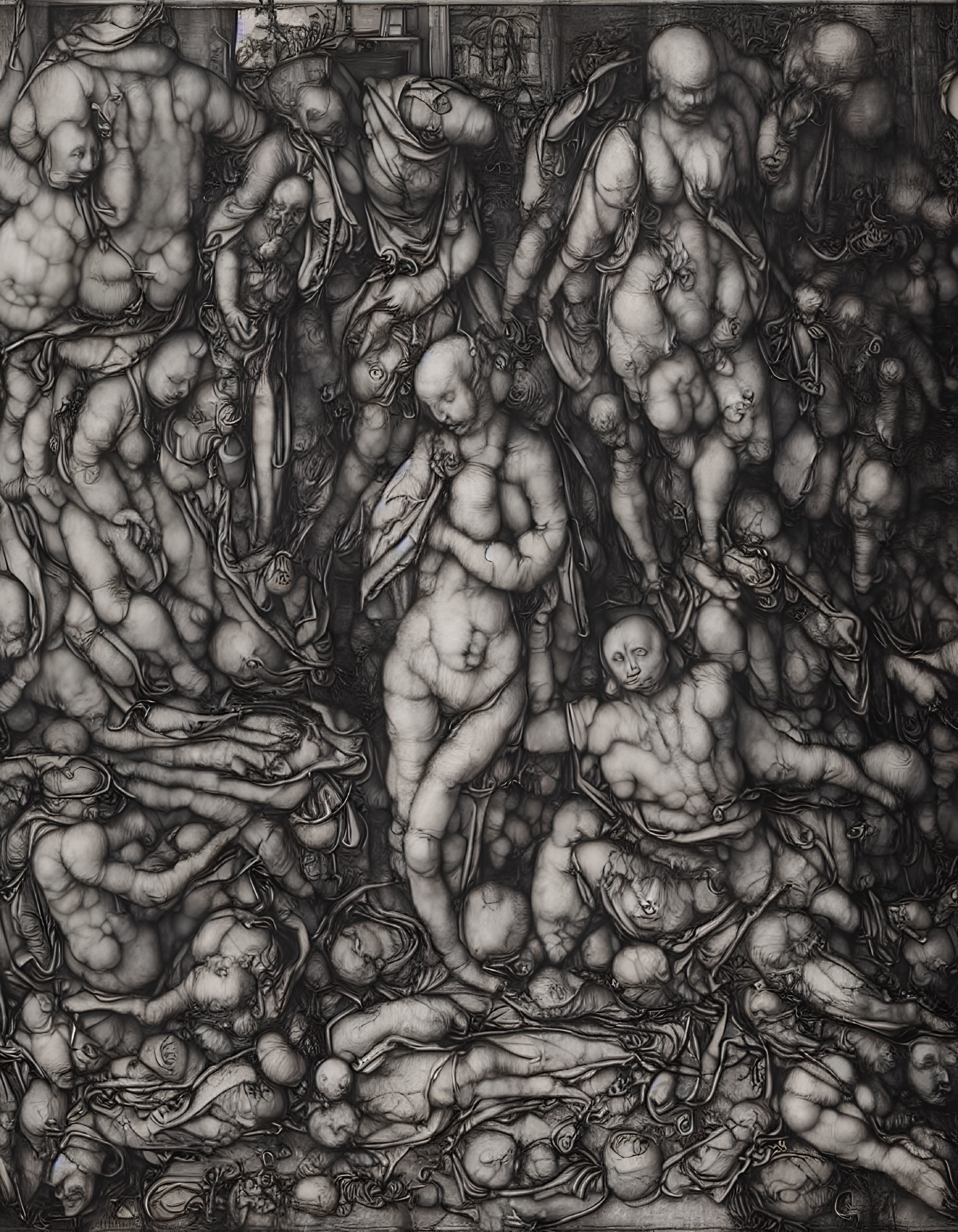 Abstract monochromatic artwork of distorted human figures and faces in surreal cluster.