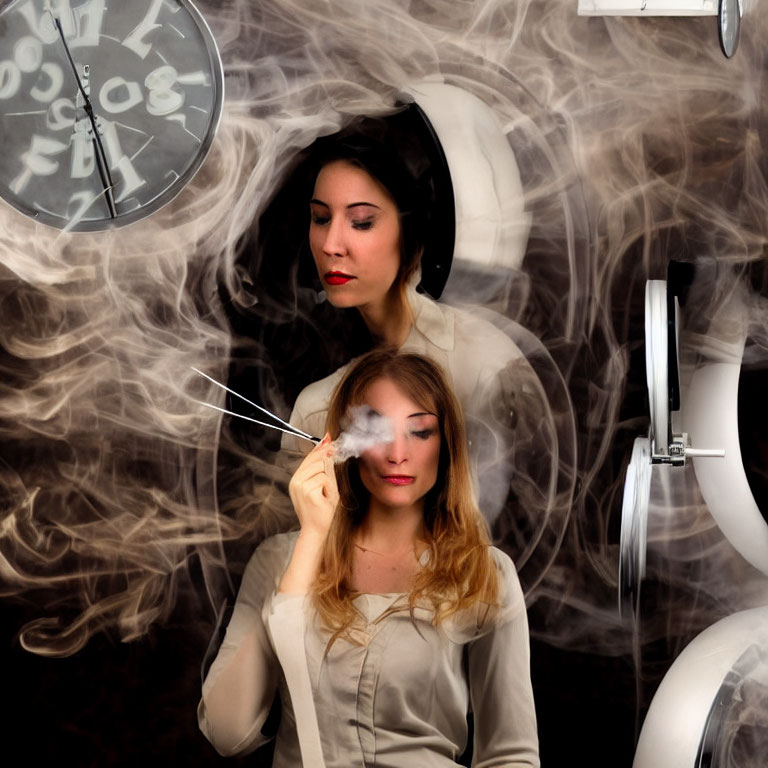 Two women in swirling smoke with floating clocks and a conductor's baton.