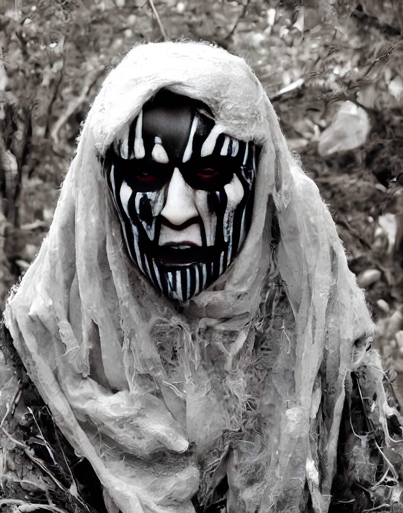 Striking Black and White Face Paint in Ghostly Attire