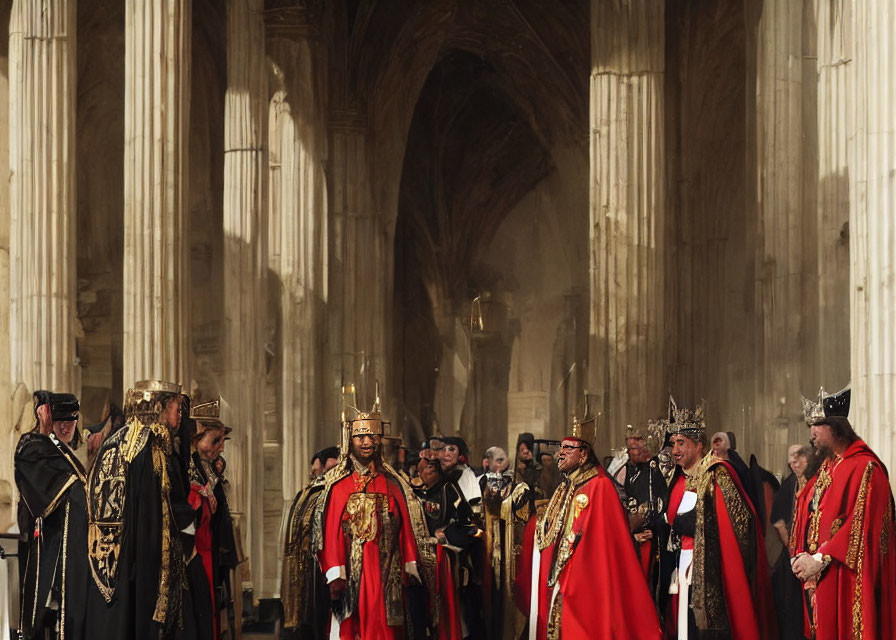 Regal figures in ornate robes gather in grand hall