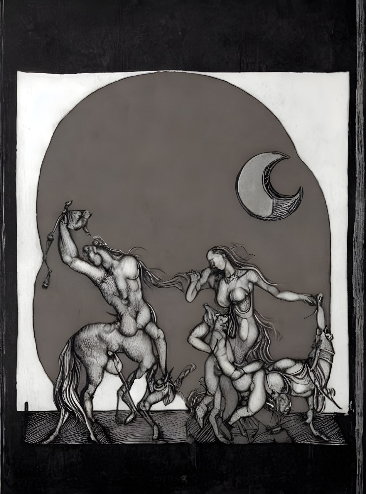 Monochromatic Mythological Artwork: Centaurs, Moon Crescent, and Drapery Mot