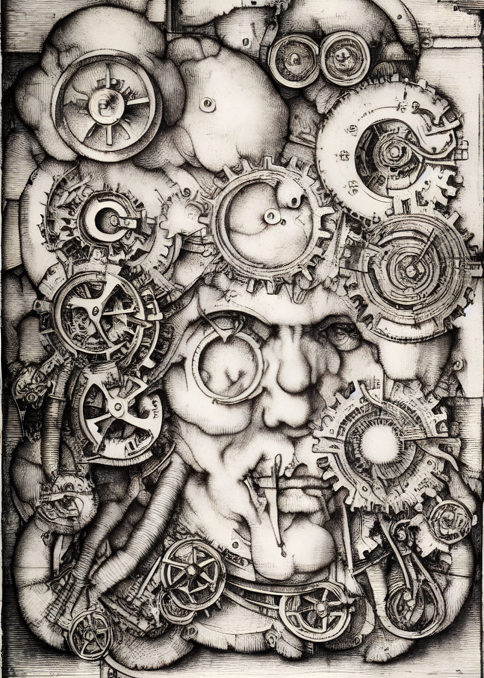 Detailed black and white drawing merging human anatomy with mechanical gears and cogs