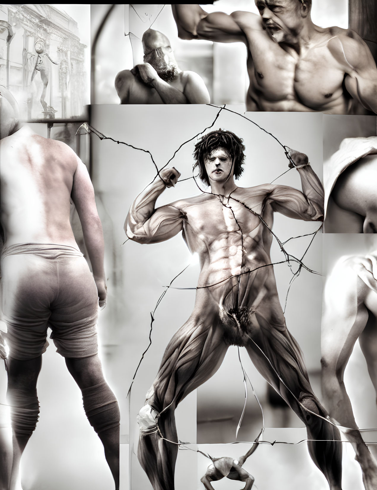 Monochromatic collage of muscular men in dynamic poses with central figure breaking through cracked glass