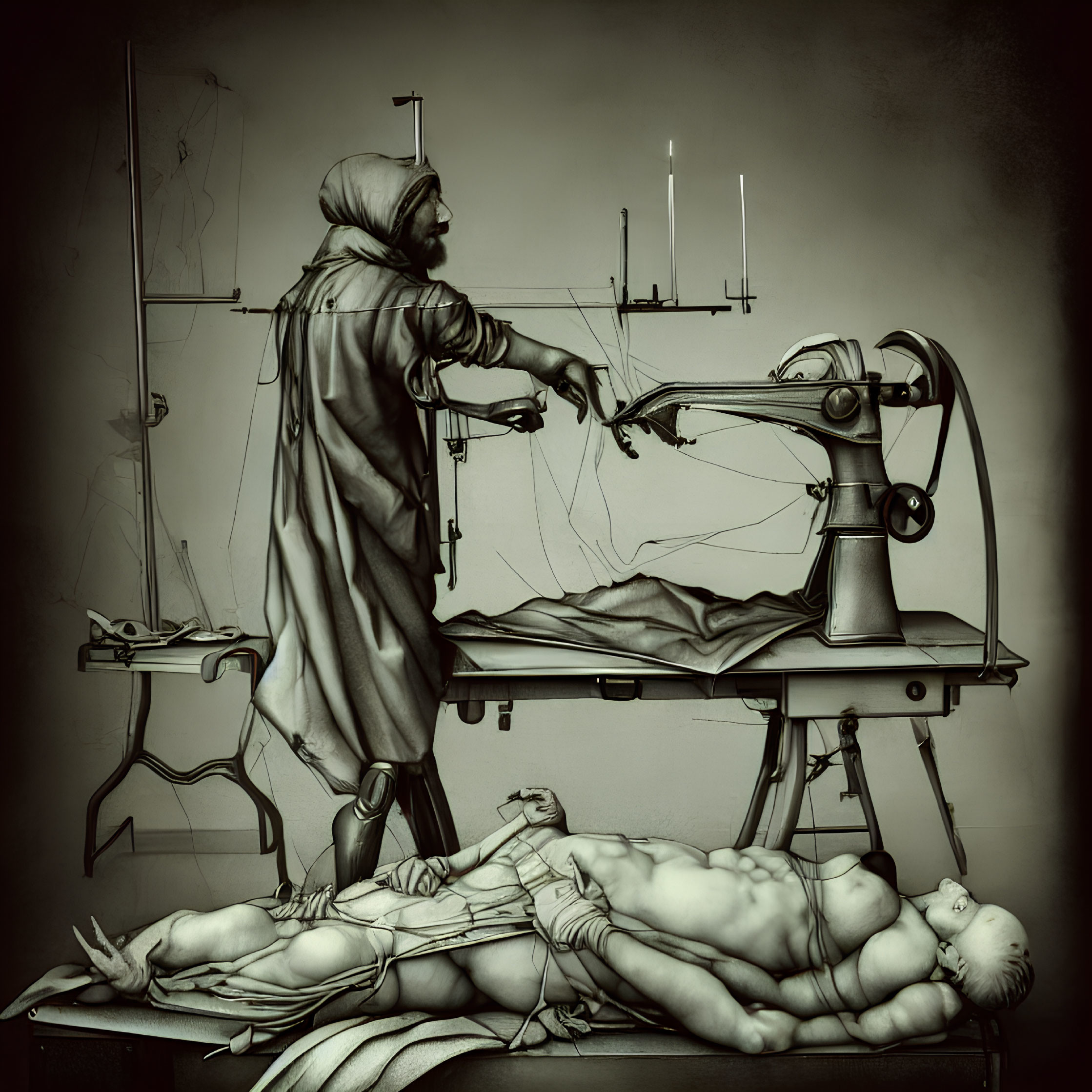 Monochrome illustration of cloaked figure with bizarre machinery and reclined male figure