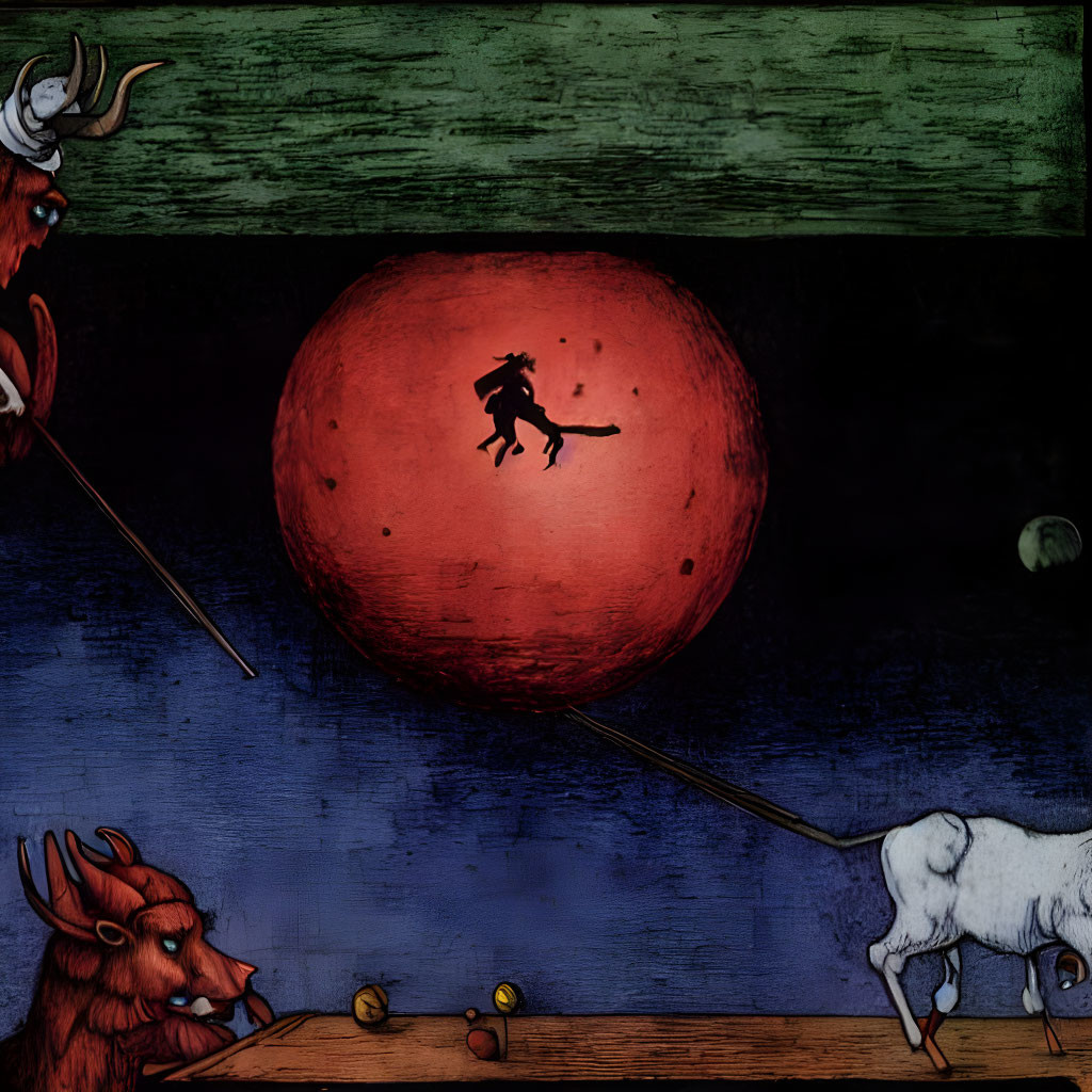 Silhouetted figures playing with red ball beside animals on textured backdrop