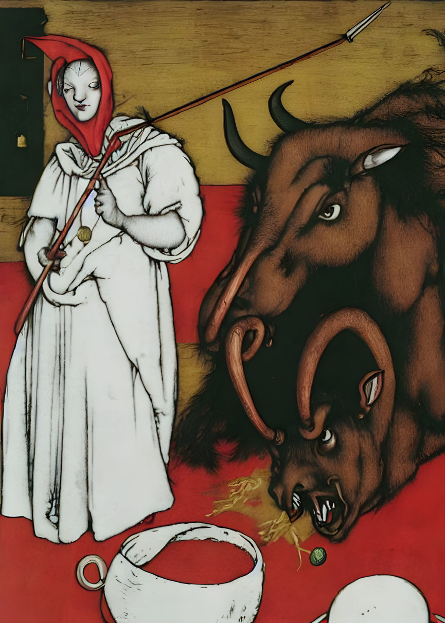 Surreal illustration: woman with fox head, bull, scythe, bowls on red background