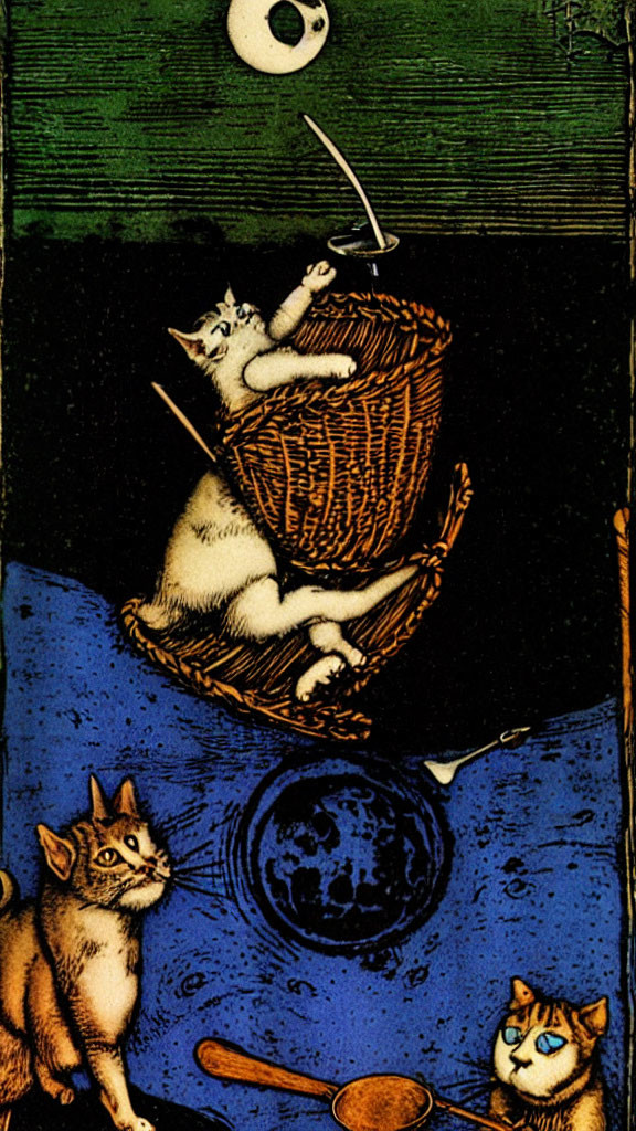 Fantastical anthropomorphic cats in flying basket with crescent moon balloon