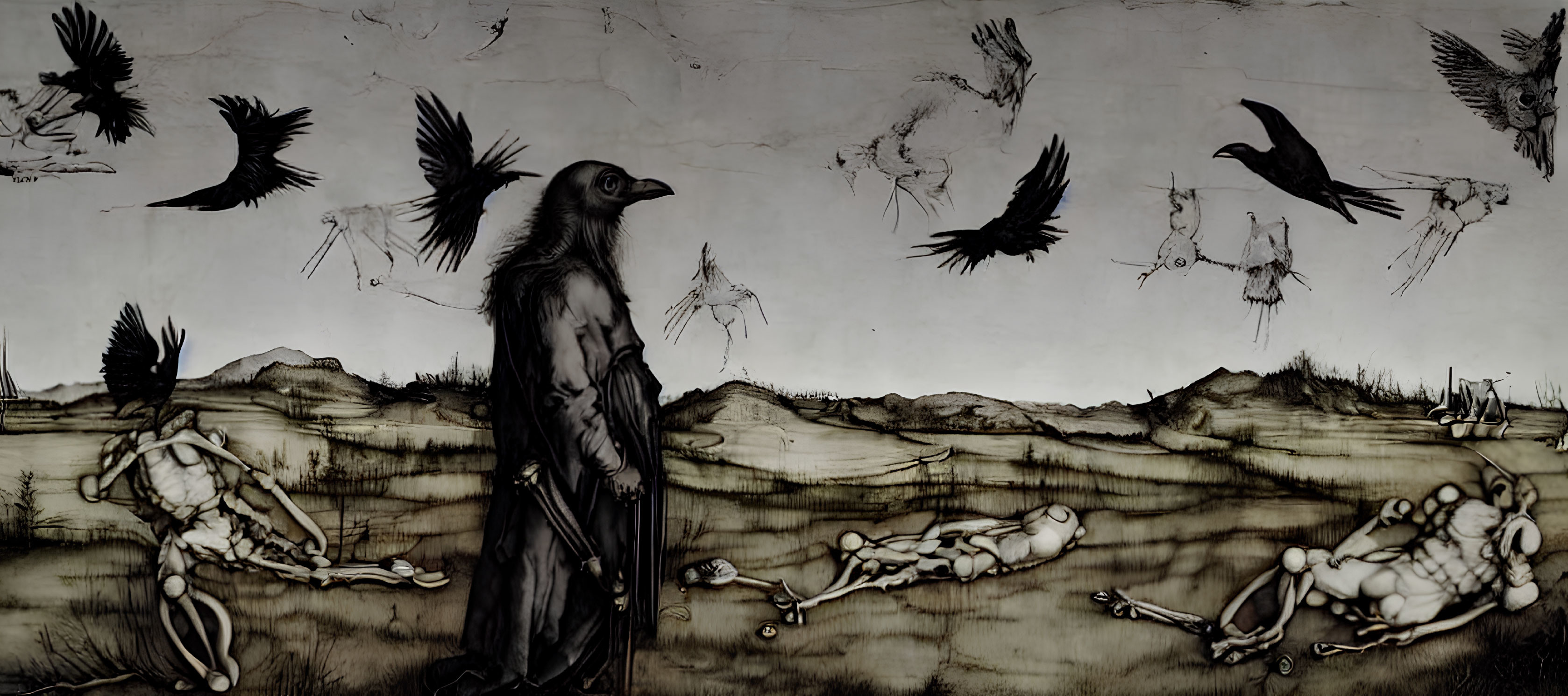 Eerie hooded figure with bird-like mask among crows and skeletal remains