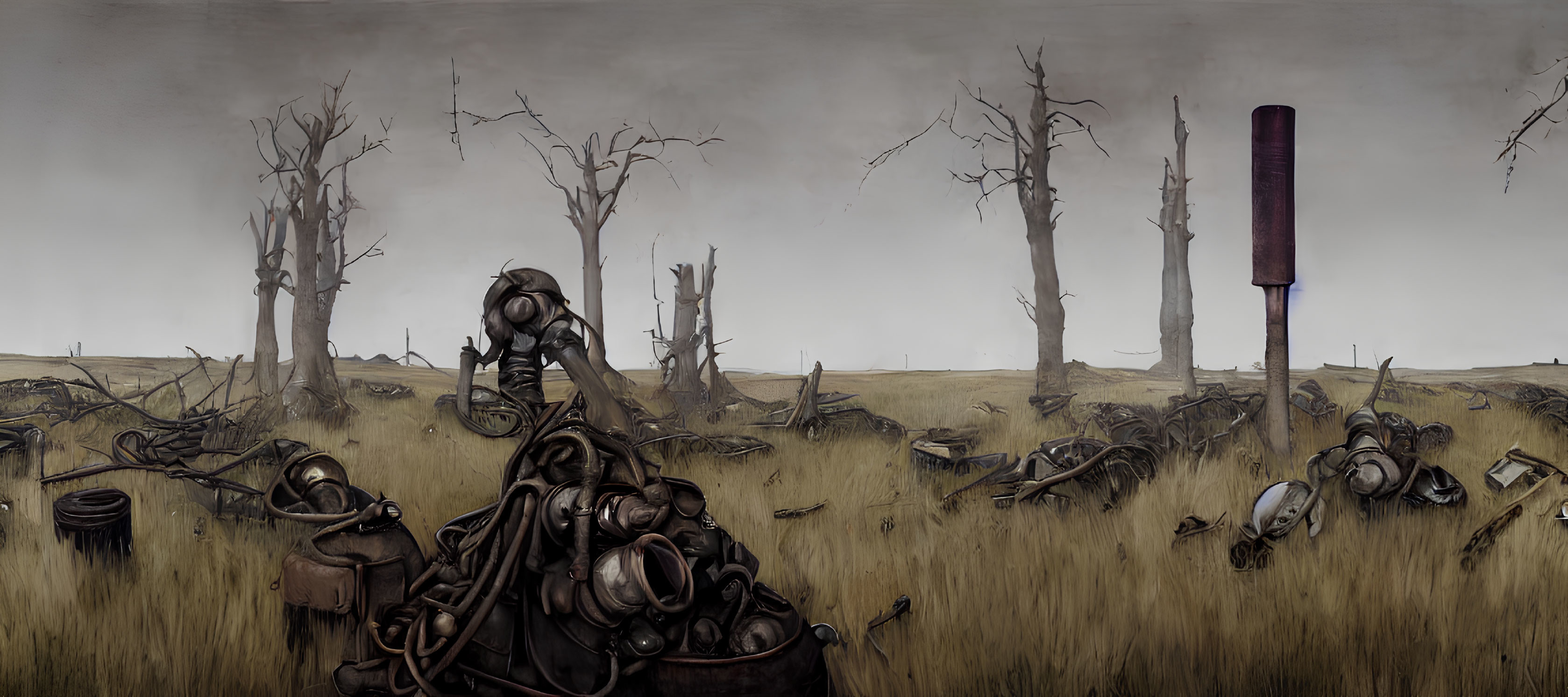 Desolate landscape with humanoid robot, barren trees, debris, and empty signpost.