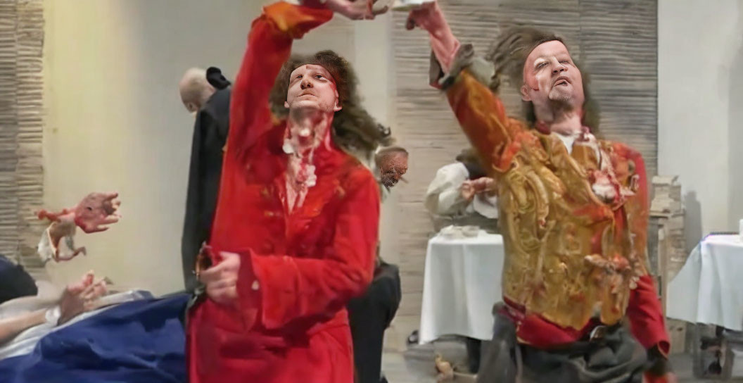 Two Men in Blood-Stained Clothing Raise Hands in Chaotic Room