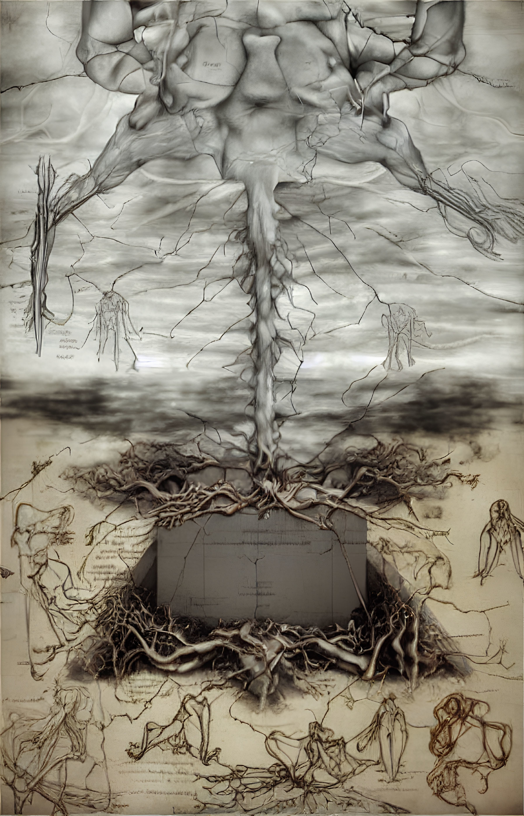 Intricate Cube and Root System with Humanoid Figures on Neutral Background