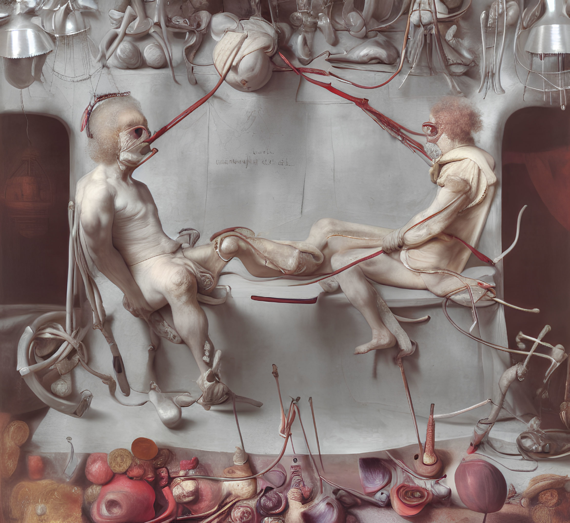 Surreal artwork with human figures connected by red cords among anatomical parts and whimsical instruments