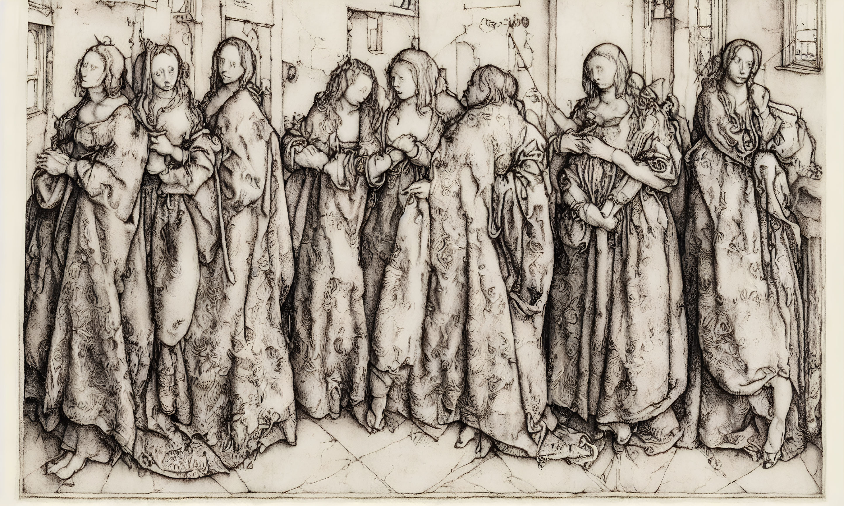 Eight women in medieval dresses with intricate patterns, standing in a line