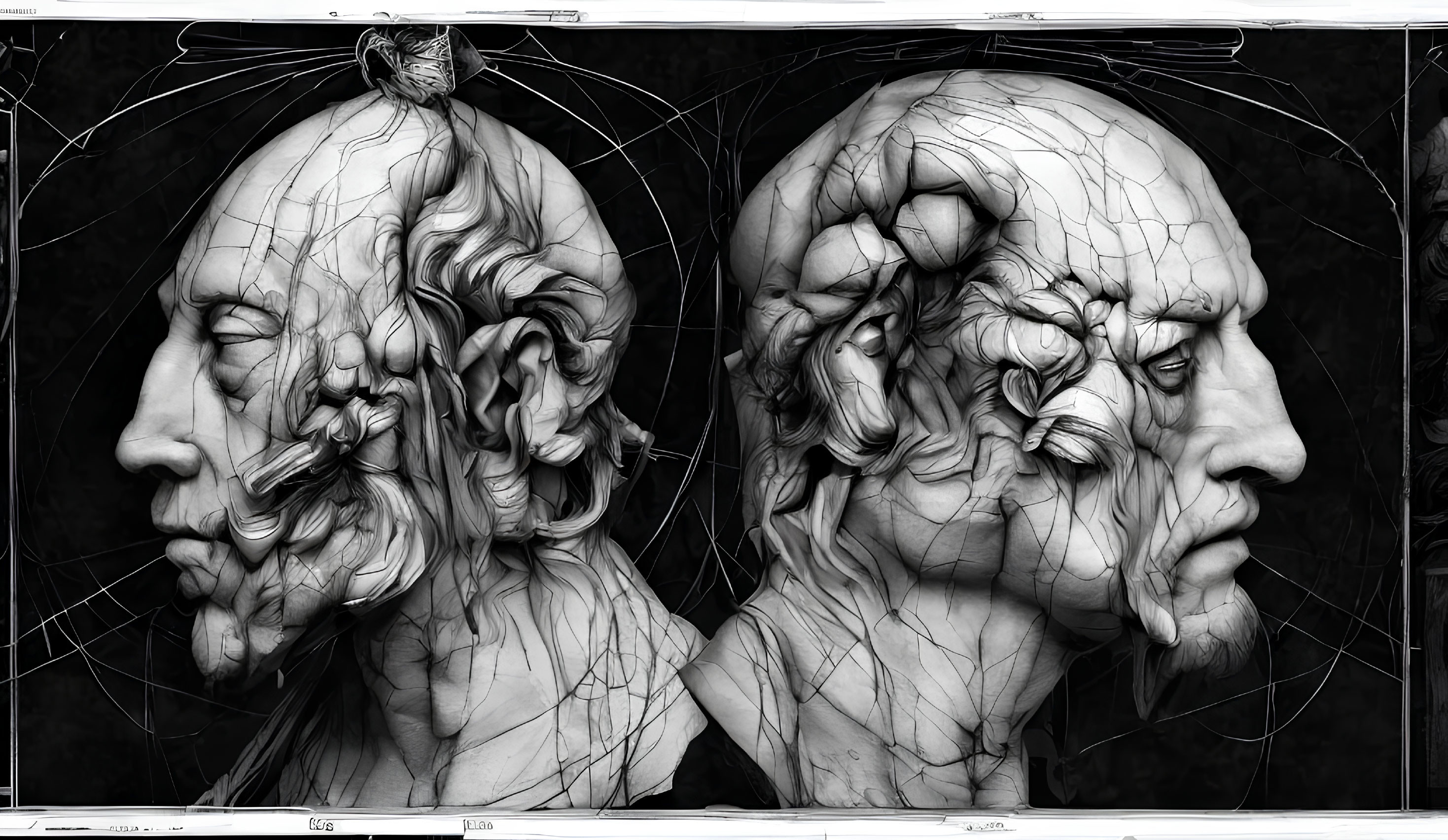 Monochrome Artwork: Detailed Fractured Busts with Bird and Geometric Shapes