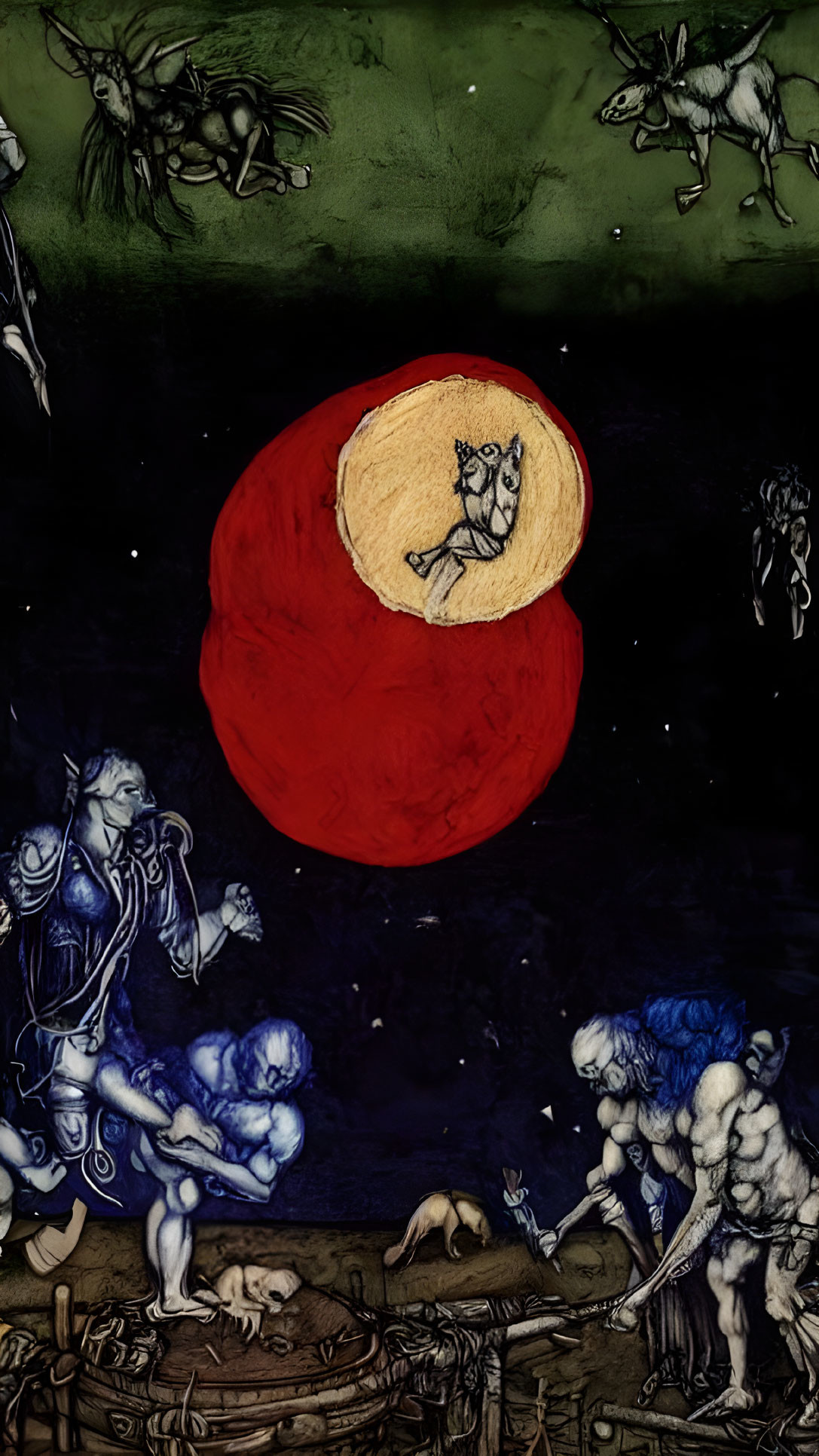 Mythological Figures and Animals Under Red Moon