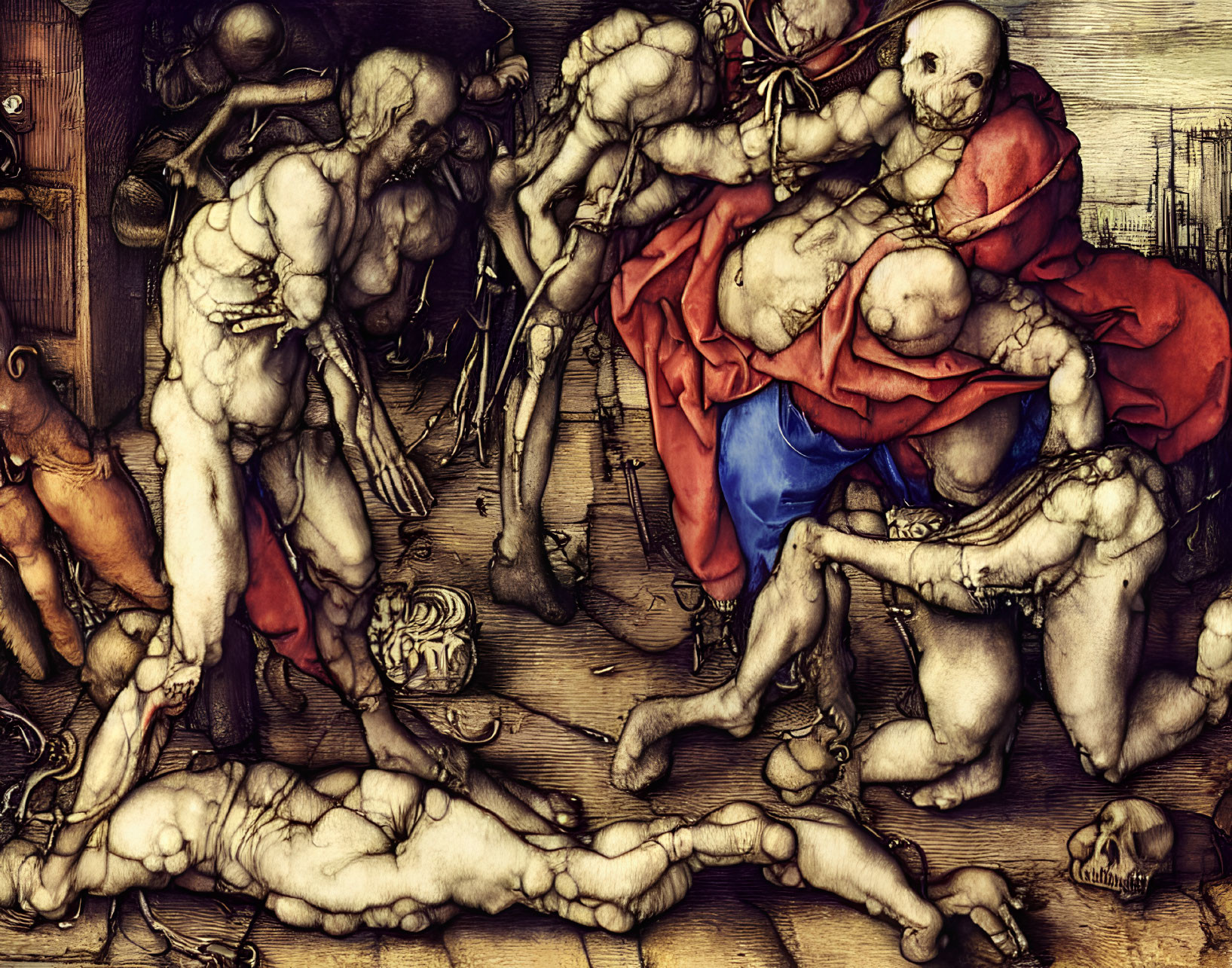 Detailed Artwork: Muscular Figures in Chaotic Battle with Skeleton, Earthy Tones & Skull