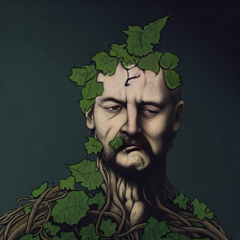 Man with Leaves and Vines Growing from Head and Neck in Nature Integration