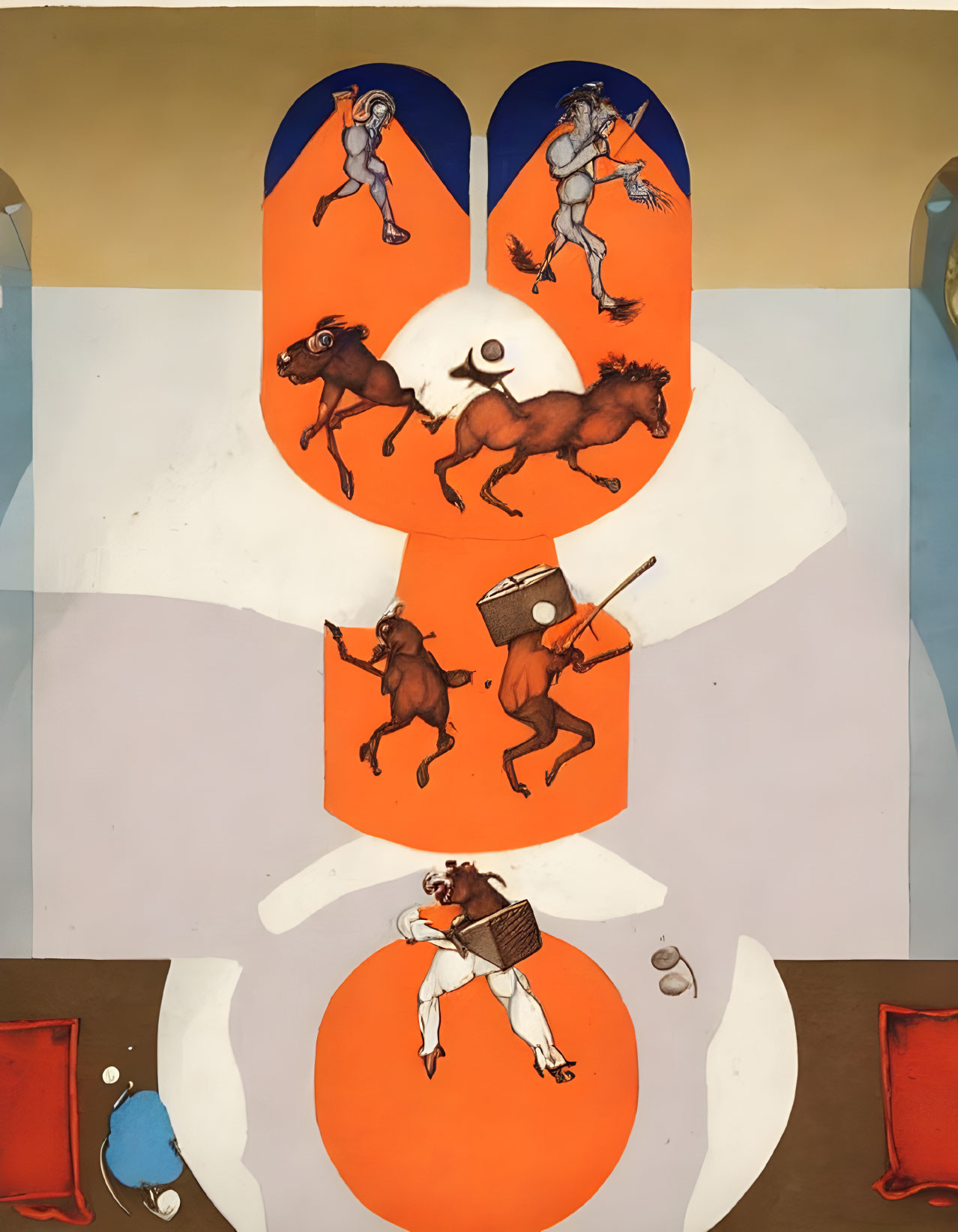 Surreal anthropomorphic figures on horses in orange shapes amidst abstract forms on beige backdrop