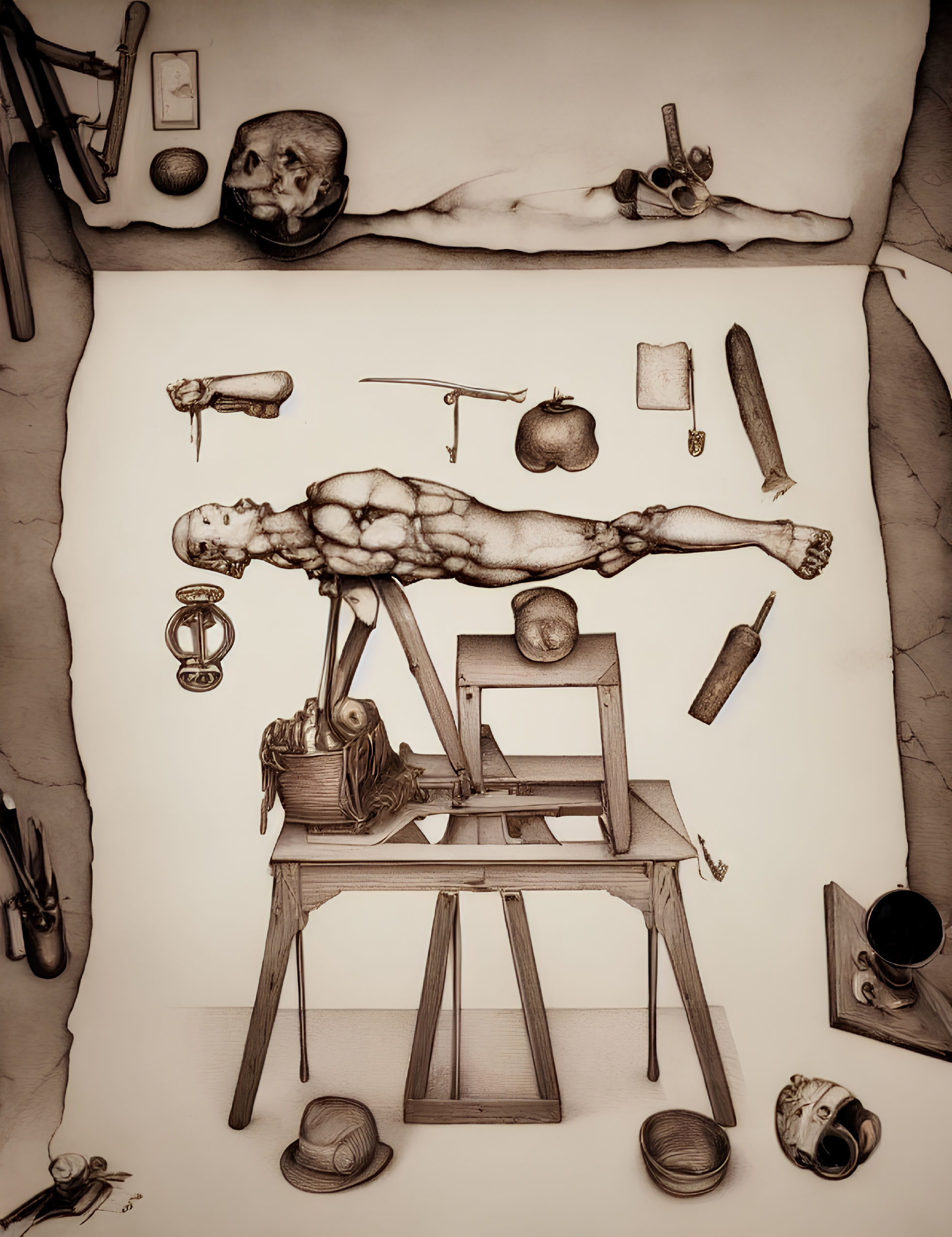 Sepia-Toned Illustration of Muscular Figure on Slab with Skull and Medical Tools