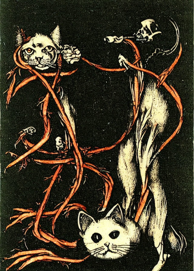 Vintage Illustration of Two Cats Entwined by Red Ribbon-Like Forms