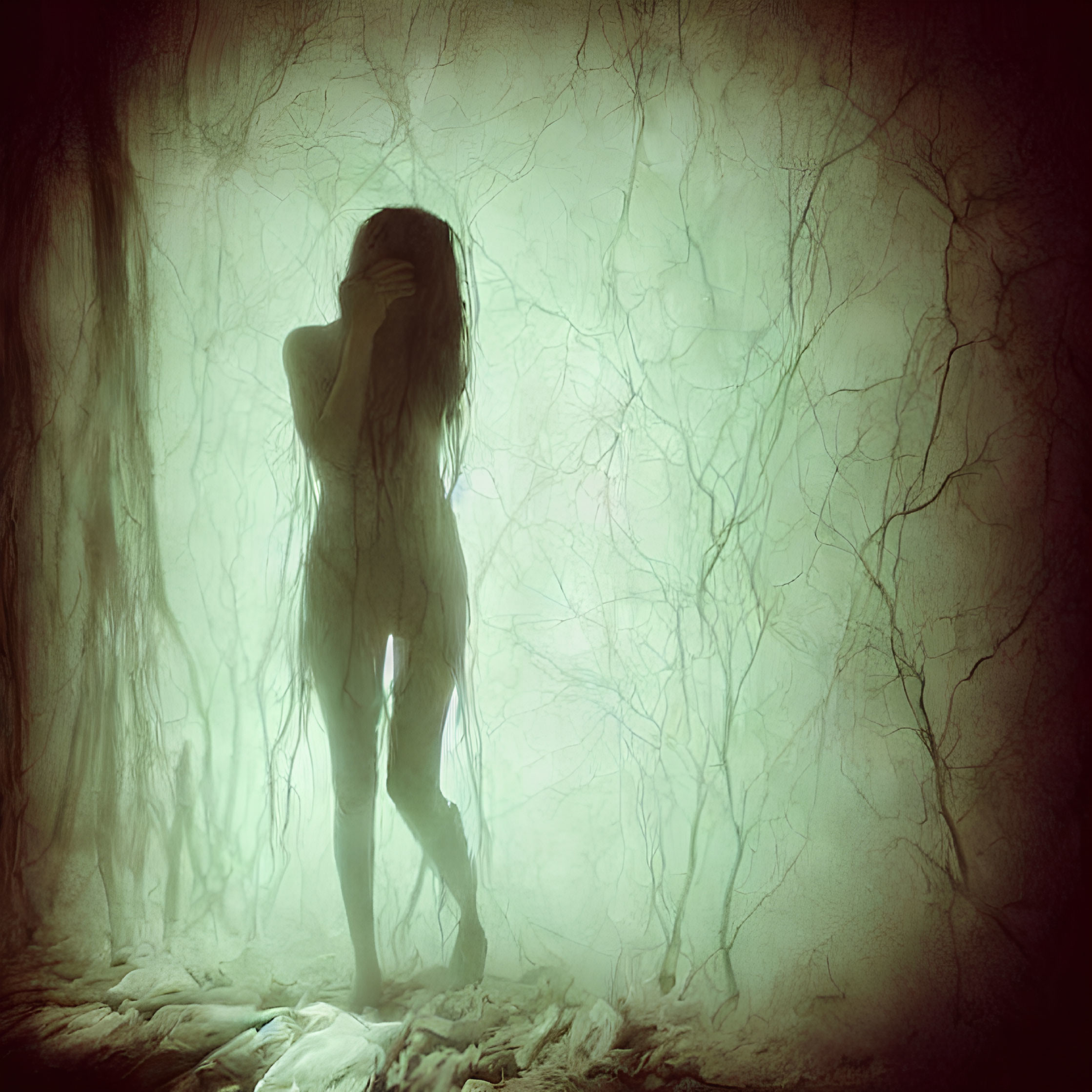 Silhouette of person in misty, eerie forest scene