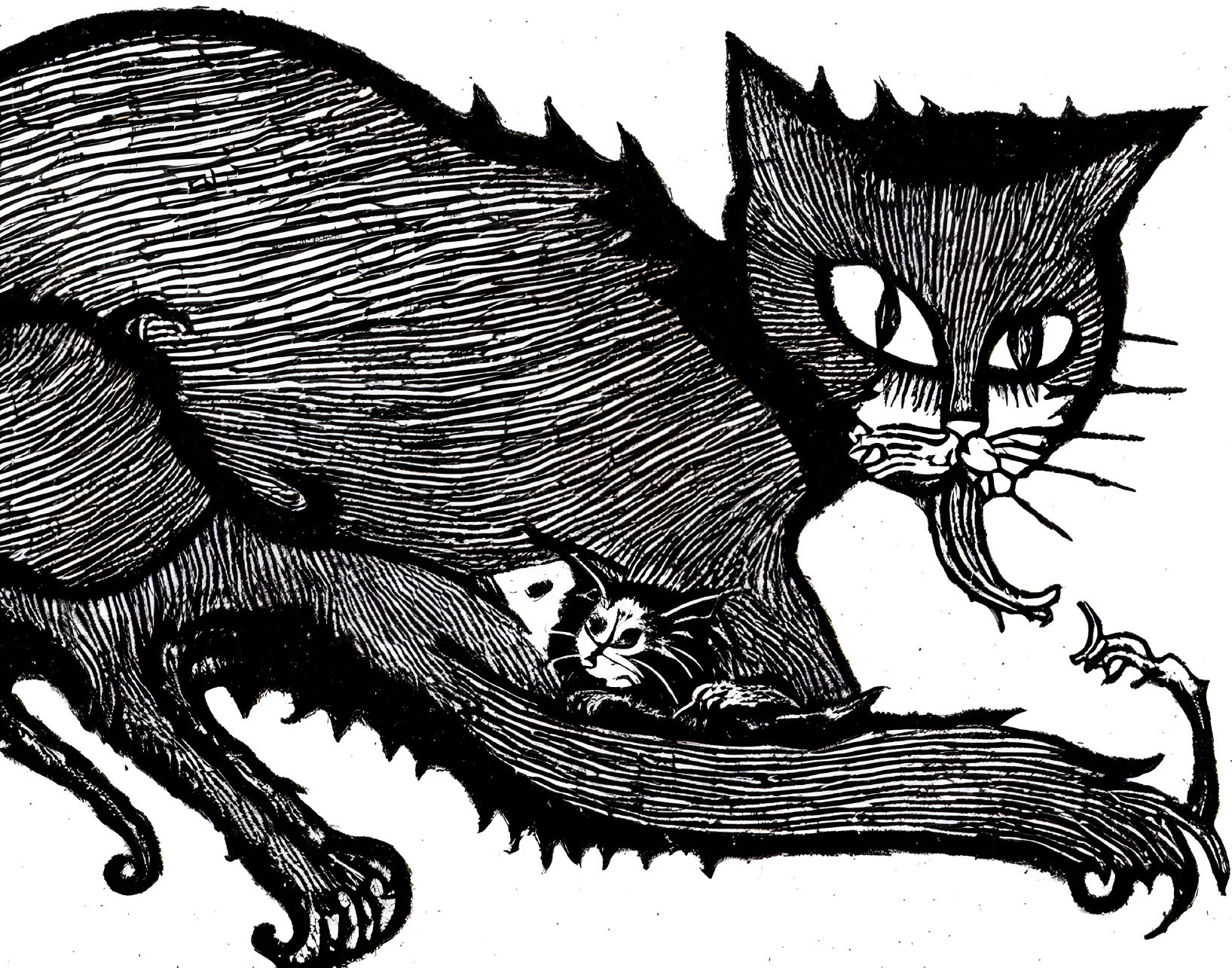 Stylized black cat and white mouse illustration with exaggerated features