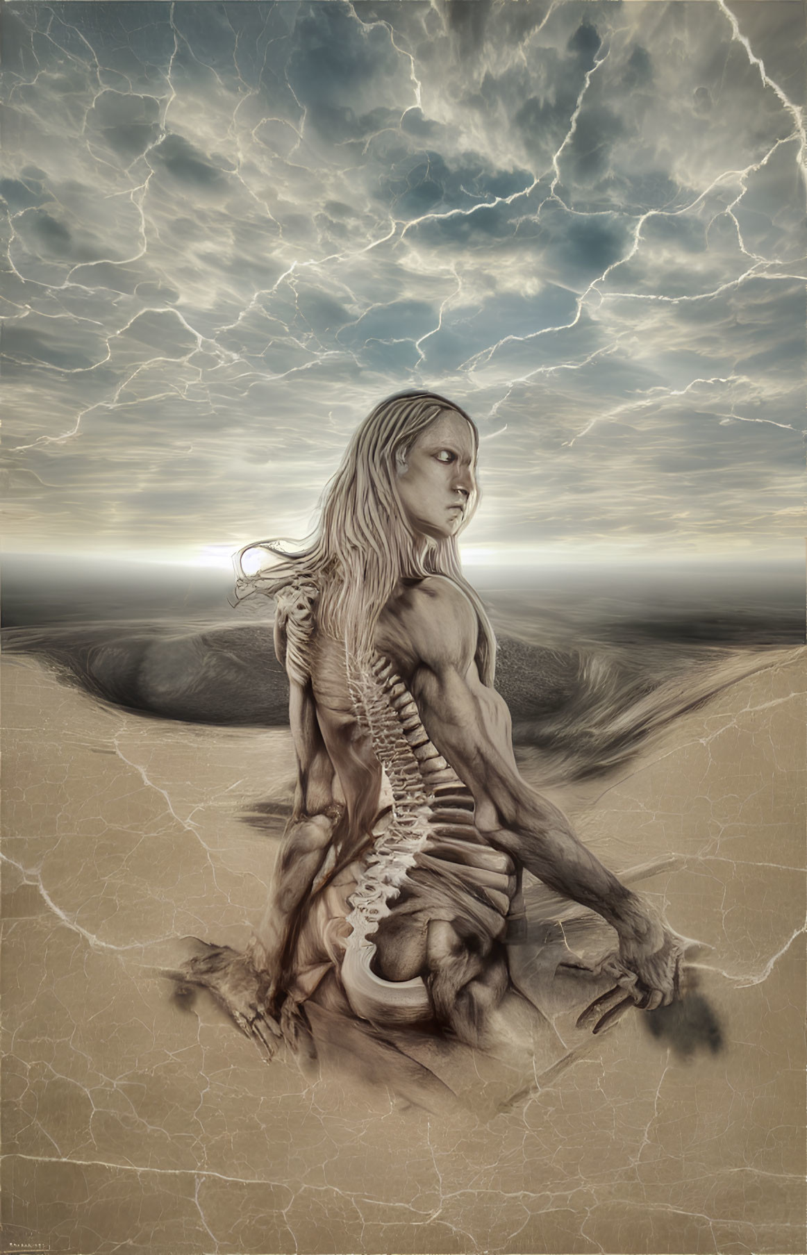 Surreal artwork of woman merging with tree in desert landscape