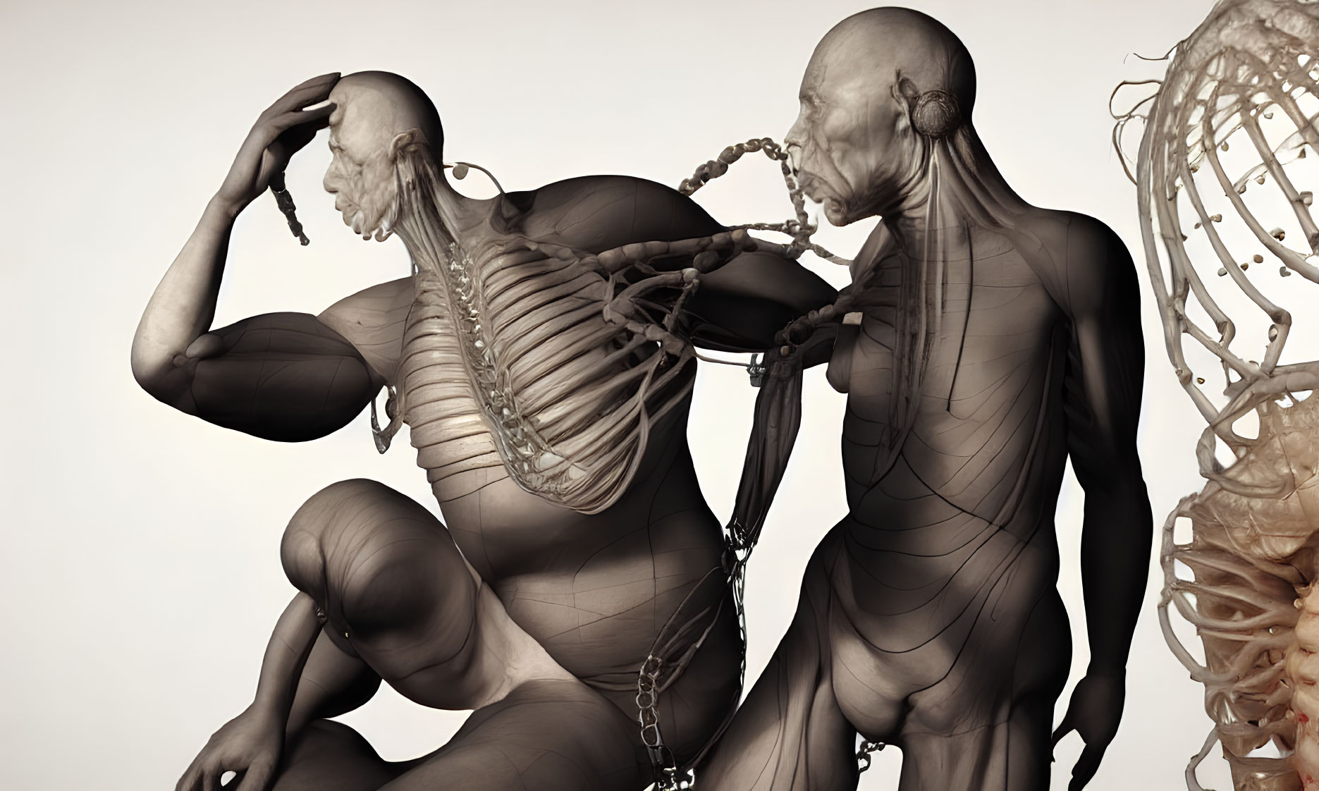 Detailed anatomical representation of two human figures with exposed muscular and skeletal systems, one in contemplative pose