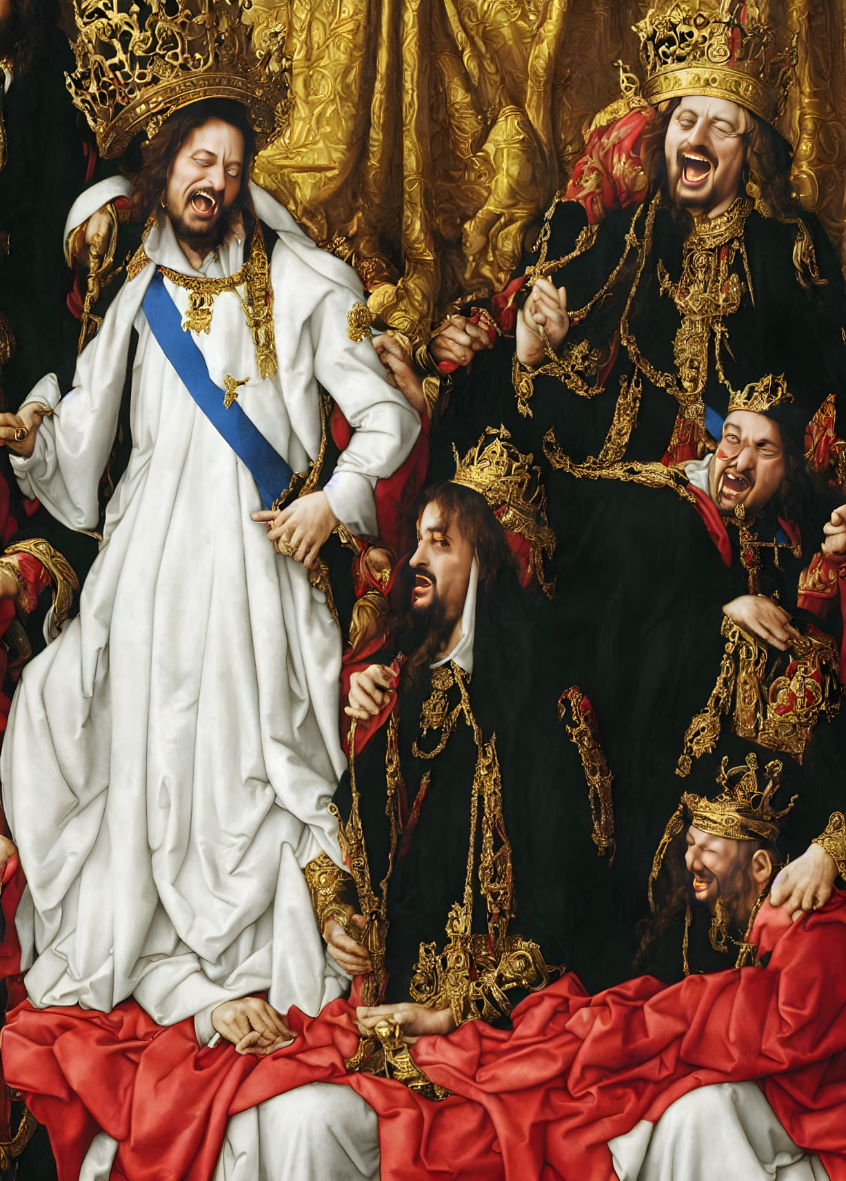 Intricate painting of central figure in white robes mocked by ornately dressed figures