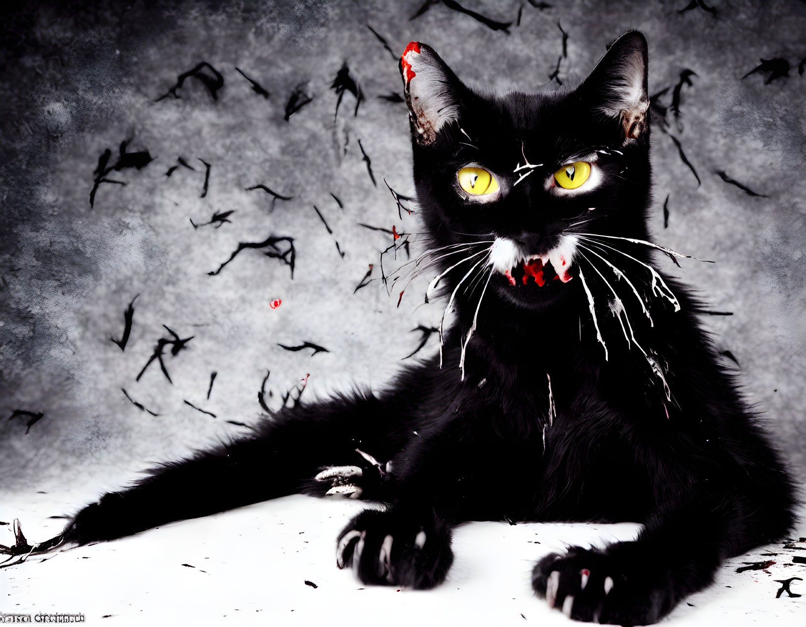 Black Cat with Yellow Eyes and Red Vampire Fangs in Spooky Grey Setting with Bats