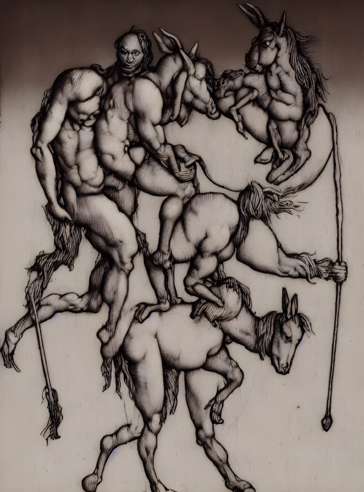 Muscular humanoid figures with equine lower bodies in dynamic poses - Dark, rough texture