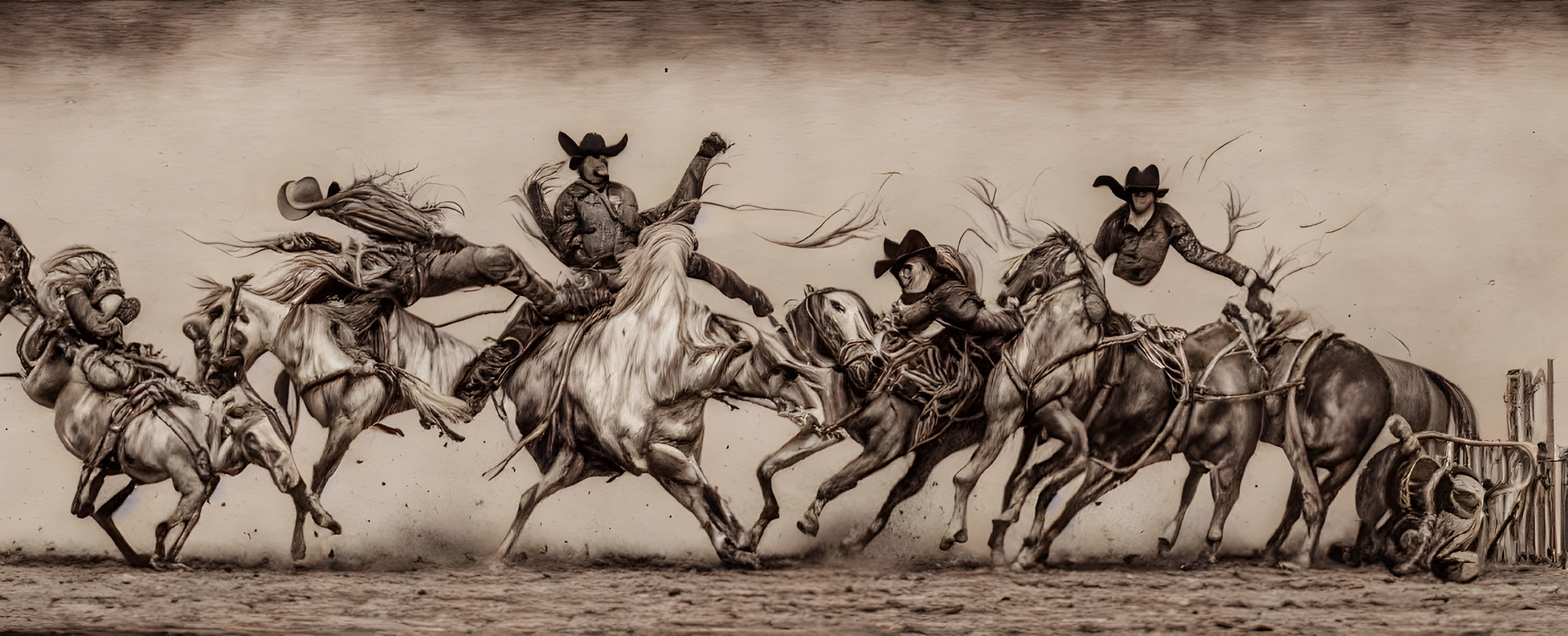 Intense Rodeo Scene with Cowboys and Spirited Horses