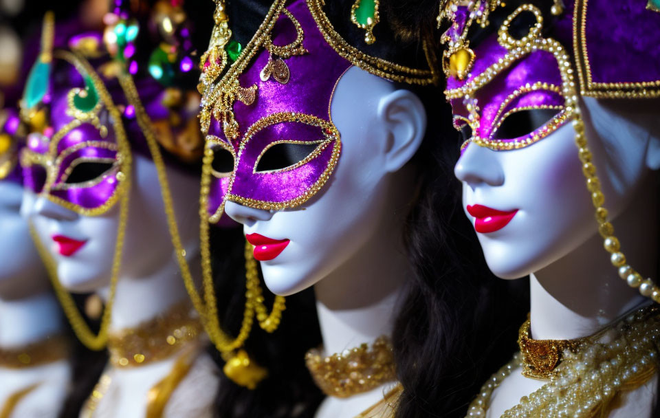 Vibrant Venetian Masks with Gold and Purple Details