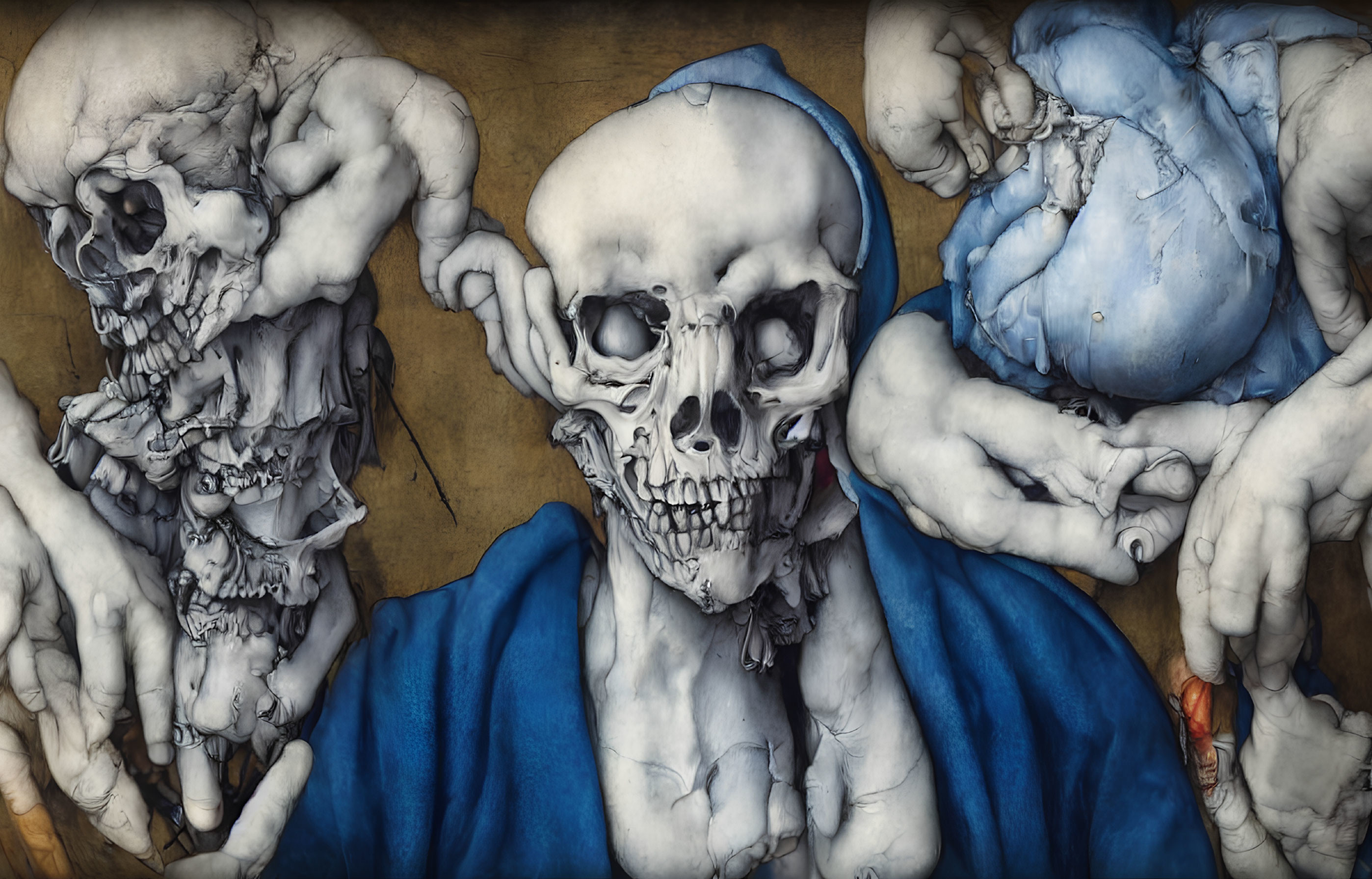 Macabre artwork: Large central skull, distorted skeletal figures, textured backdrop