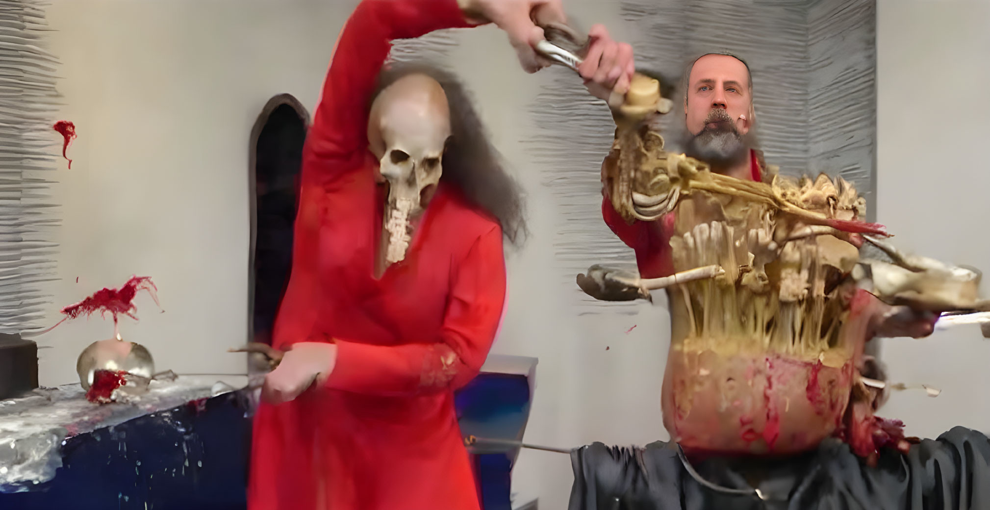 Red-robed figure smashes skeletal form with a hammer