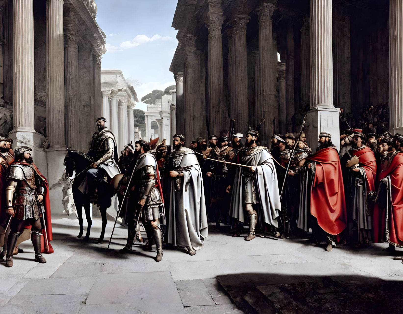 Historical painting of uniformed figures in ancient cityscape