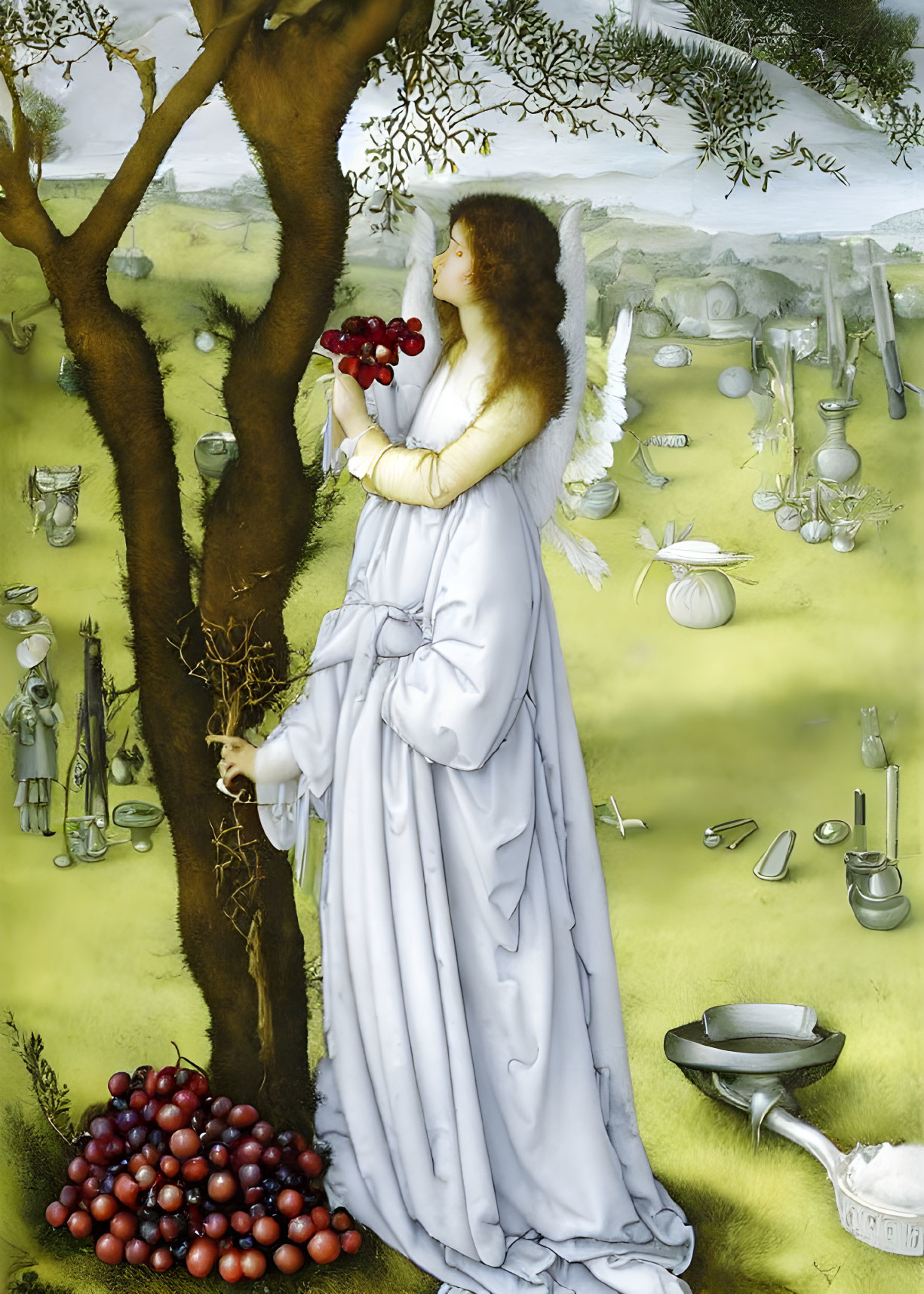 Angel in white robes with wings by tree in surreal green landscape