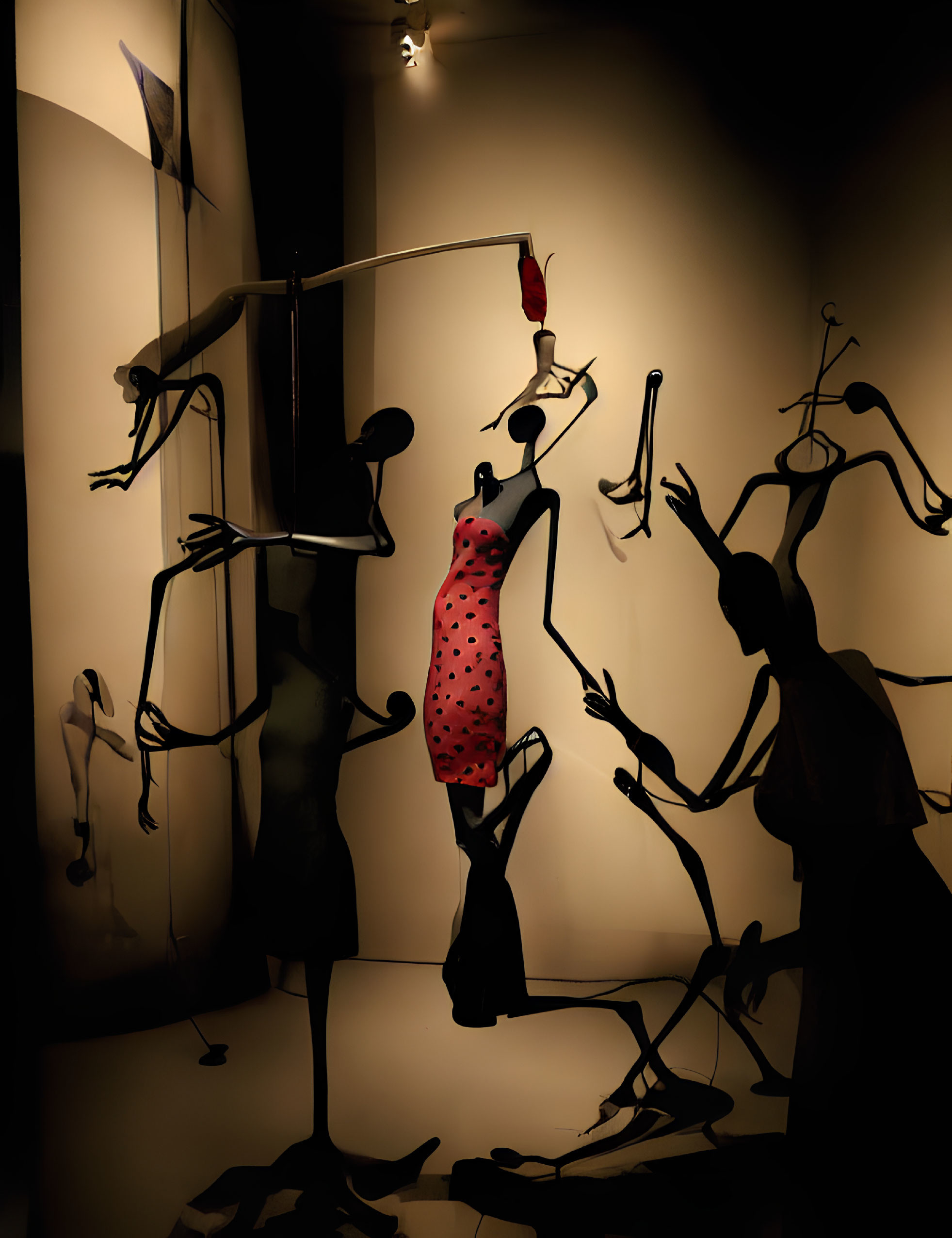 Abstract Human Figure Silhouette Installation with Red Polka-Dotted Dress