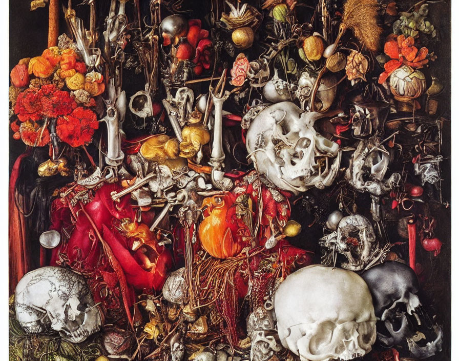 Detailed Still Life: Skulls, Flowers, Fruits, and Objects in Intricate Baroque Arr