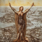 Angel with outstretched wings embracing small figure among somber faces