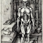 Detailed Monochrome Drawing of Human Skeletons Entwined Around Wooden Structures