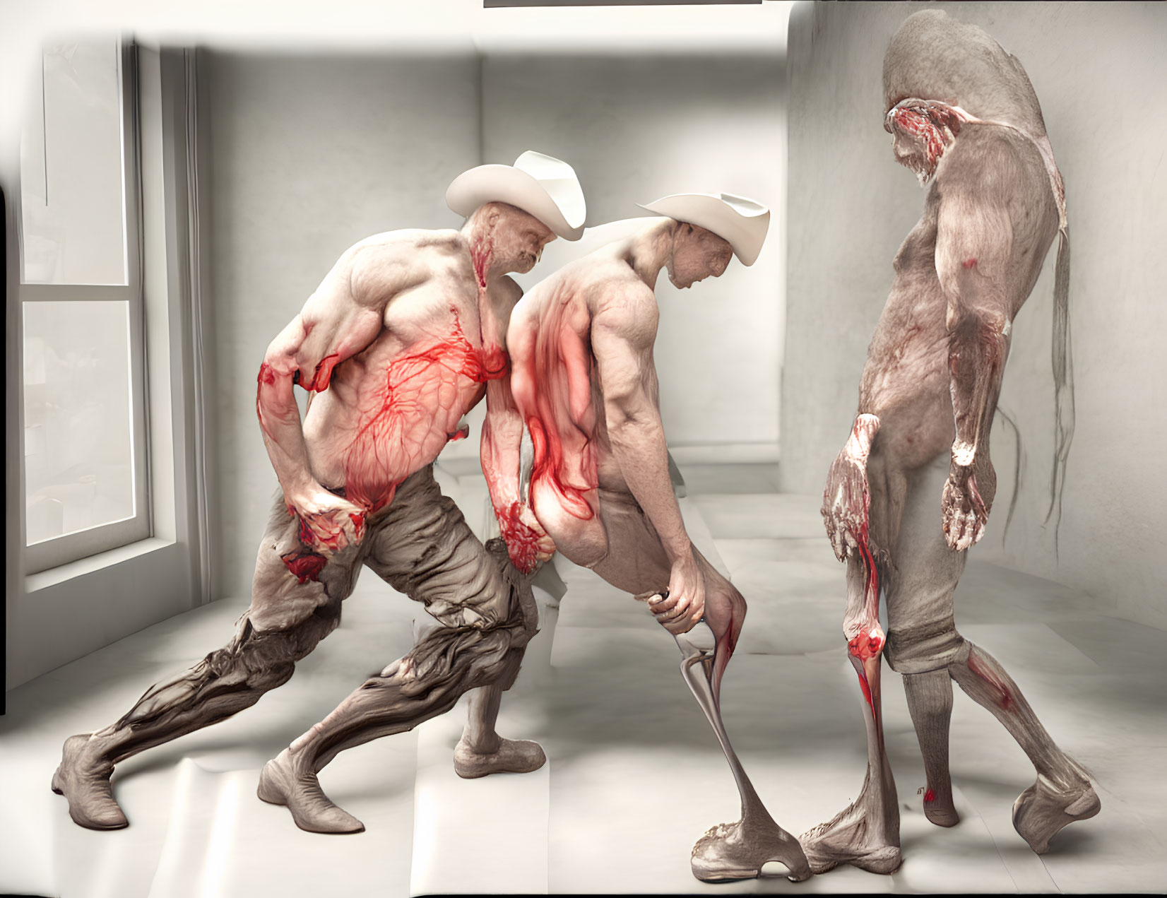 Three anatomical models in cowboy hats show muscular and vascular systems in motion