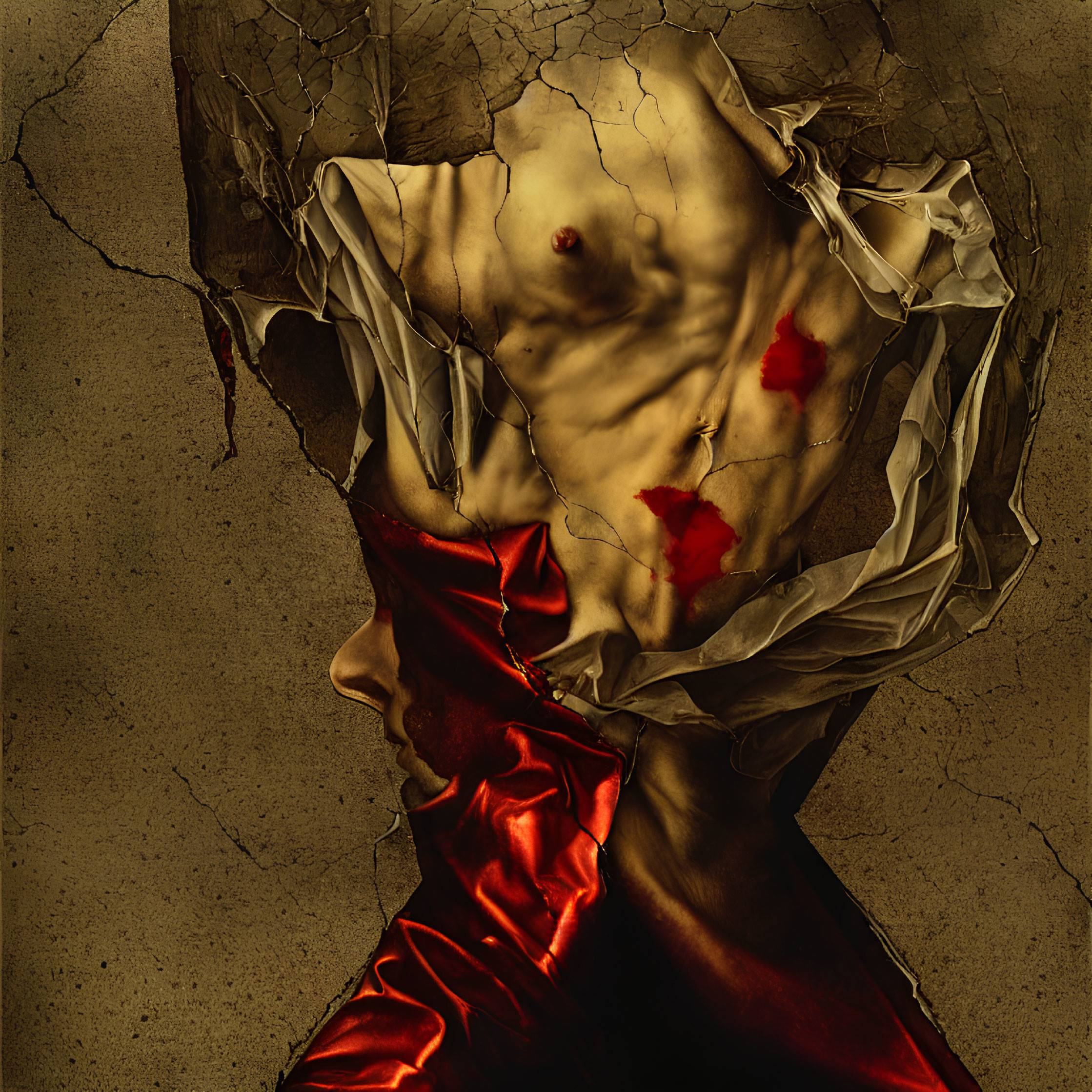 Abstract artwork: Humanoid form with golden texture, red splashes, on brown background