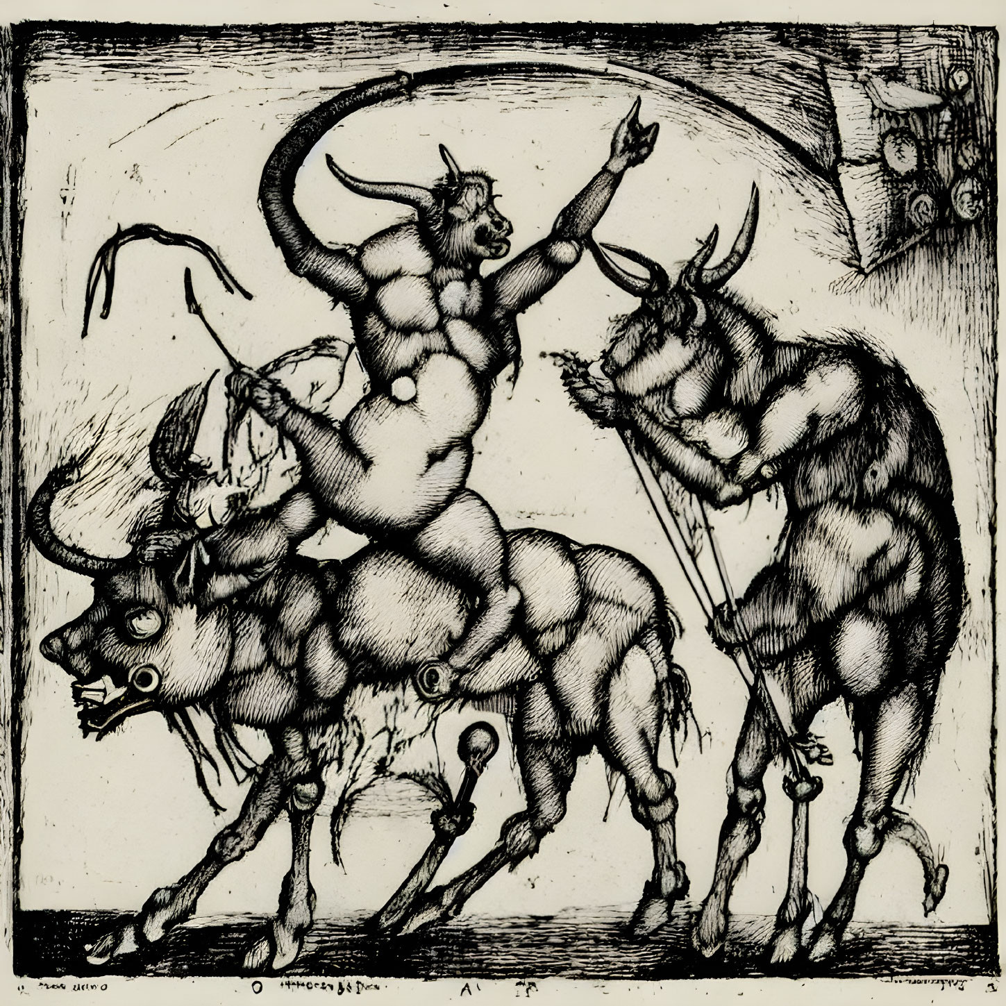 Etching of creature with goat head riding bull, accompanied by another similar creature with spears