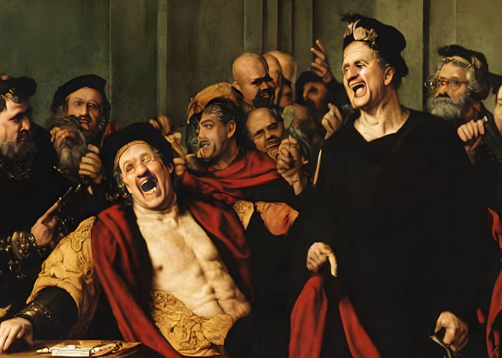 Digitally Altered Classic Painting: Men in Historical Attire Laughing