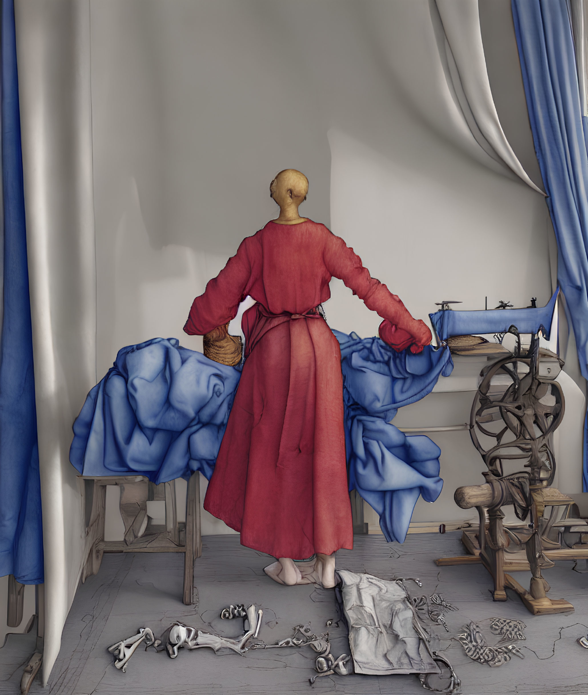 Red-dressed figure in headless room with blue fabric, spinning wheel, and bones.