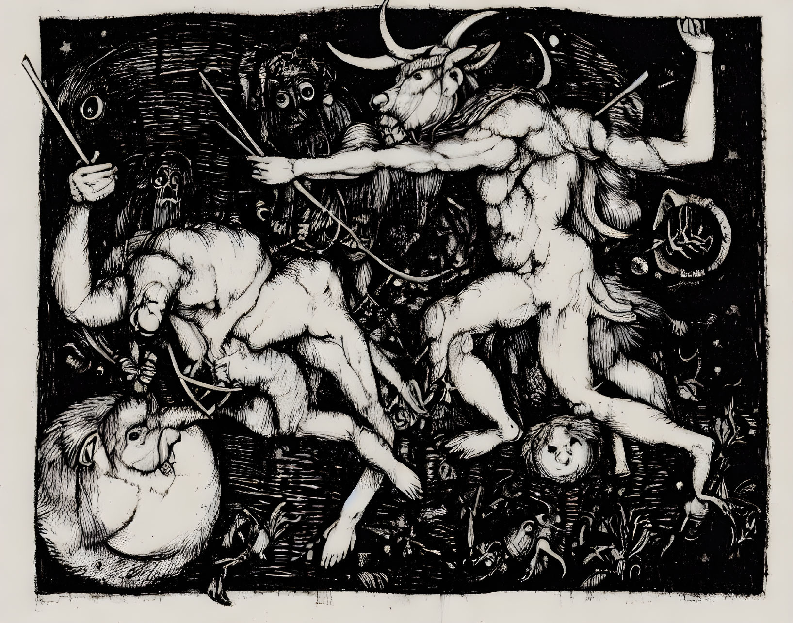 Detailed Mythological Etching: Centaurs in Chaotic Battle